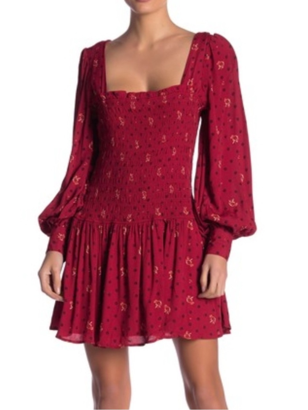 NWT Free People Two Faces Smocked Mini Dress Ruby Combo Size XS Runs Big